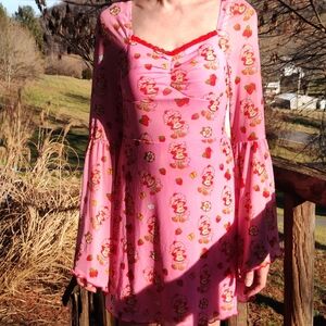 Strawberry Shortcake Pink Mesh Dress with Bell Sleeves And Red Lace Trim